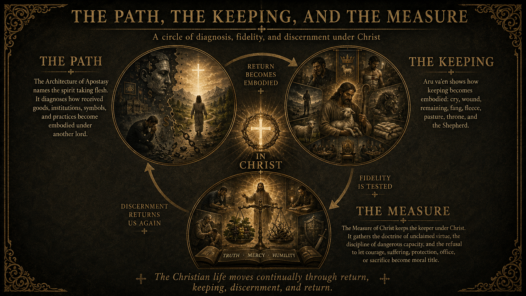 A dark gold and black diagram titled The Path, The Keeping, and The Measure, showing a circular movement of diagnosis, fidelity, and discernment under Christ.