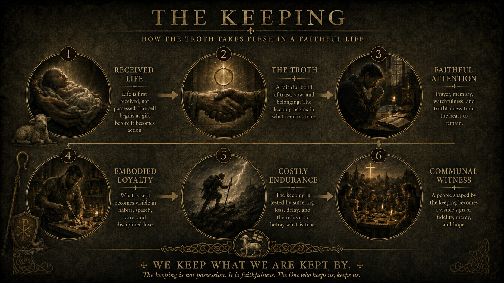 A dark gold and black poster titled The Keeping, showing six stages: received life, the Troth, faithful attention, embodied loyalty, costly endurance, and communal witness.