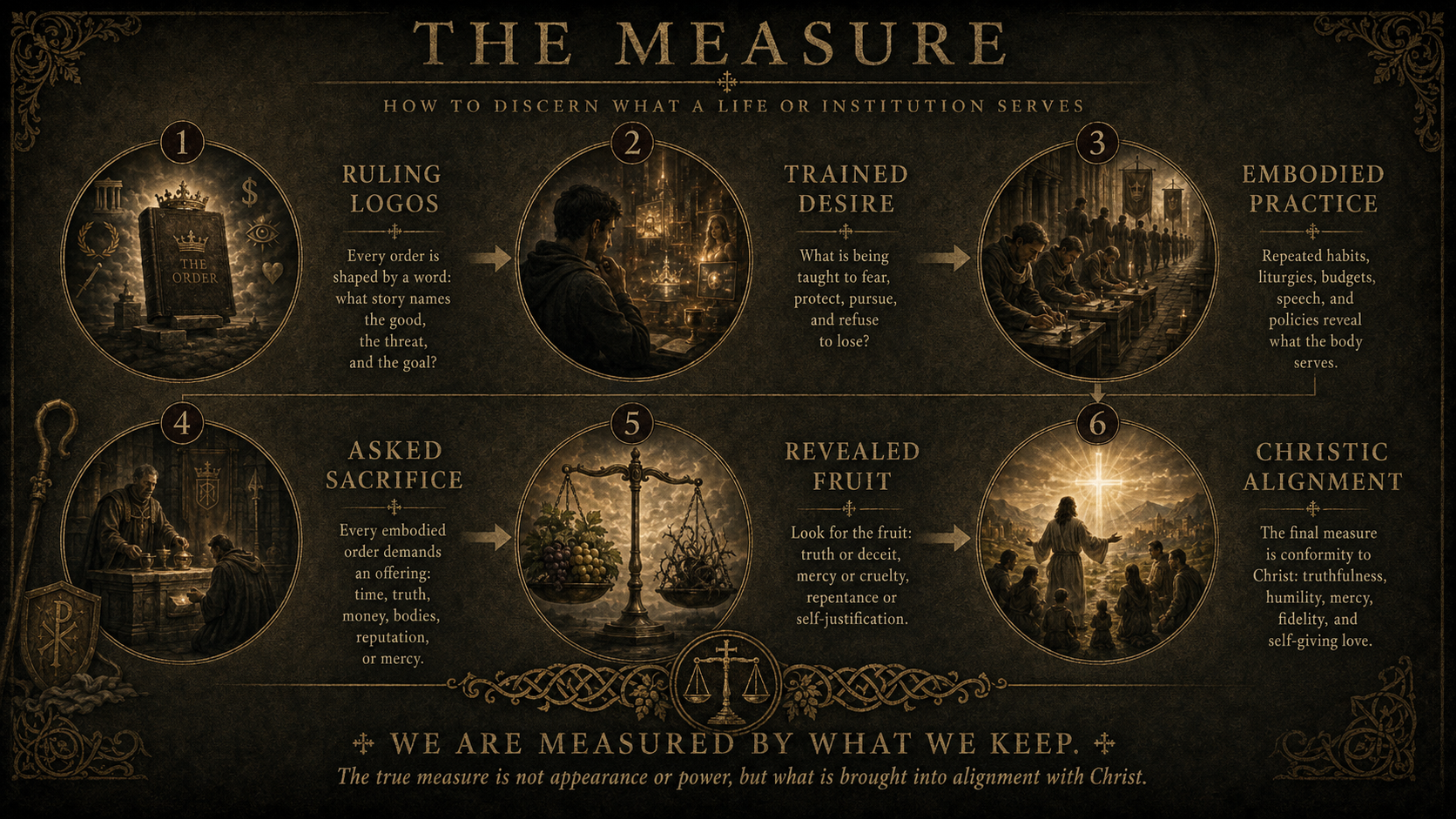 A dark gold and black poster titled The Measure, showing six stages for discerning what a life or institution serves: ruling logos, trained desire, embodied practice, asked sacrifice, revealed fruit, and Christic alignment.